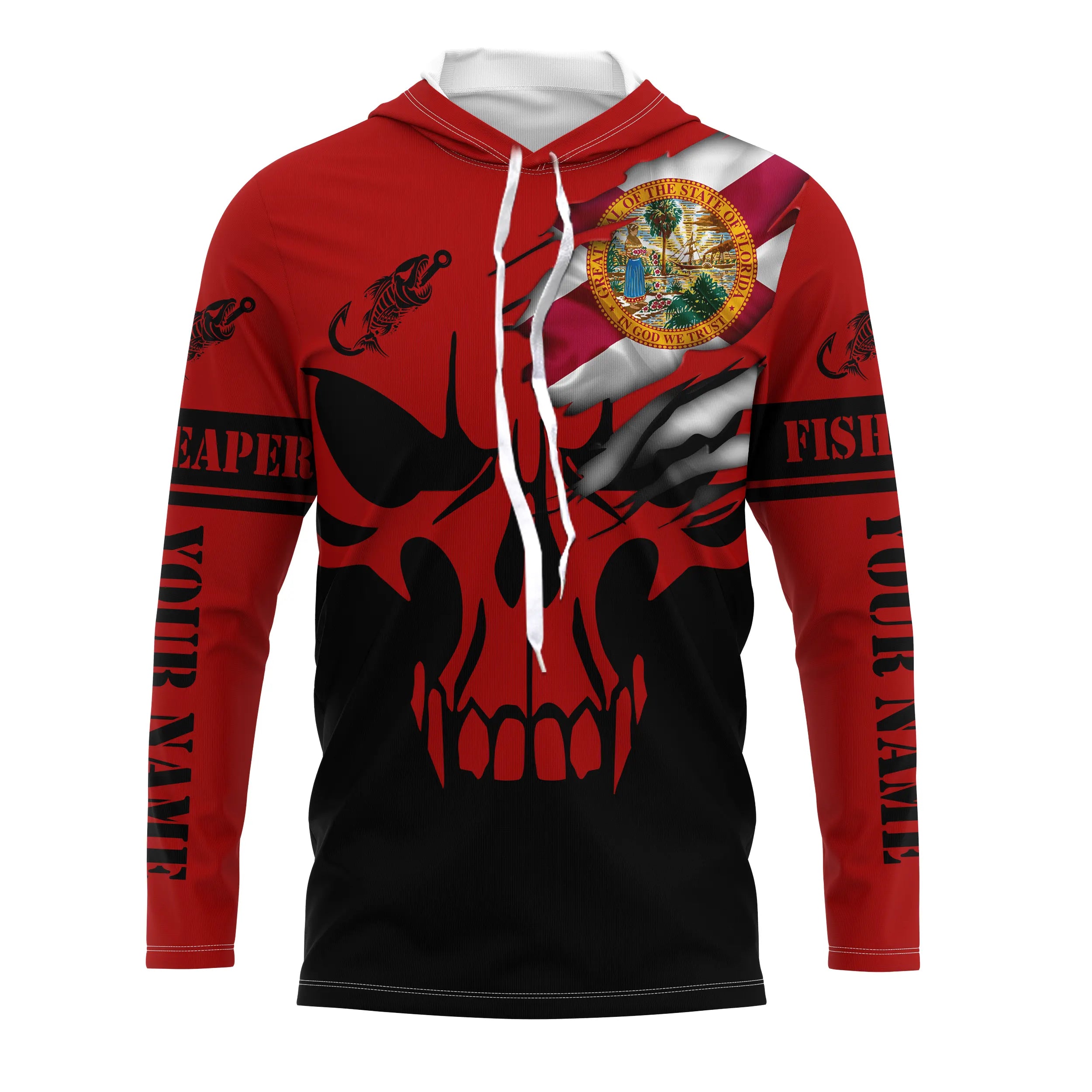 Custom Florida flag fishing fish reaper skull red and black Fishing Jersey, fishing Long sleeve shirts NQS4838