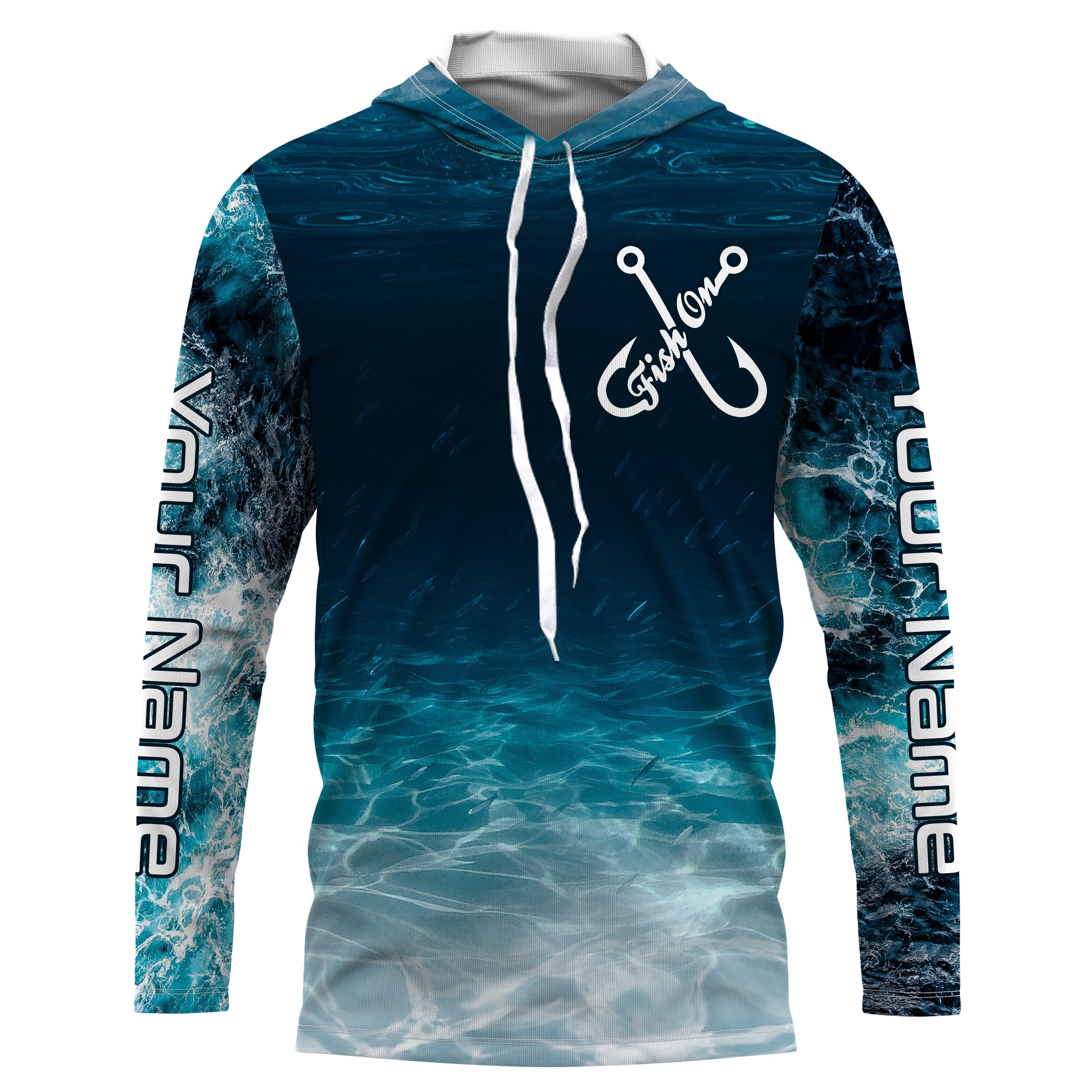 Fish on blue sea wave water camo Custom name Long sleeve, Long Sleeve Hooded NPQ848