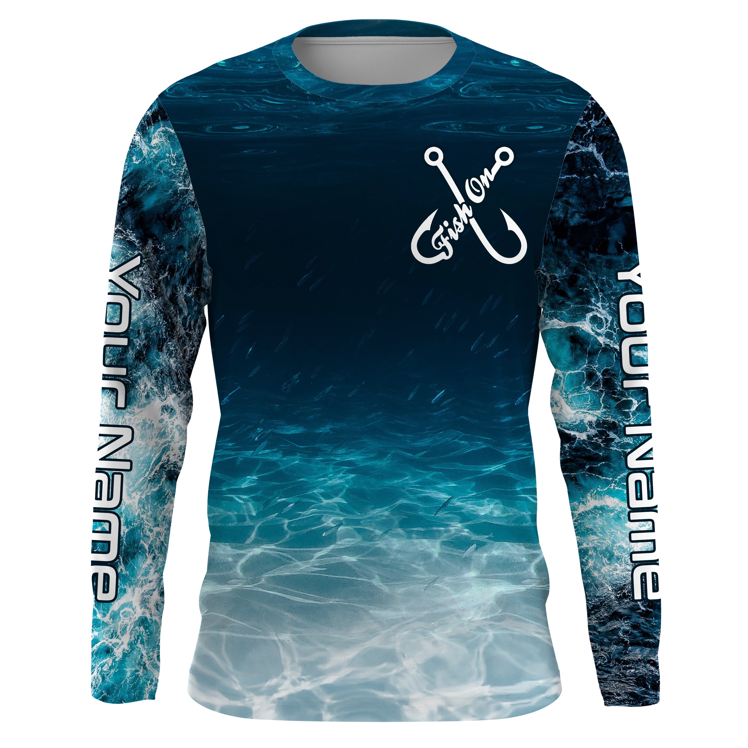 Fish on blue sea wave water camo Custom name Long sleeve, Long Sleeve Hooded NPQ848