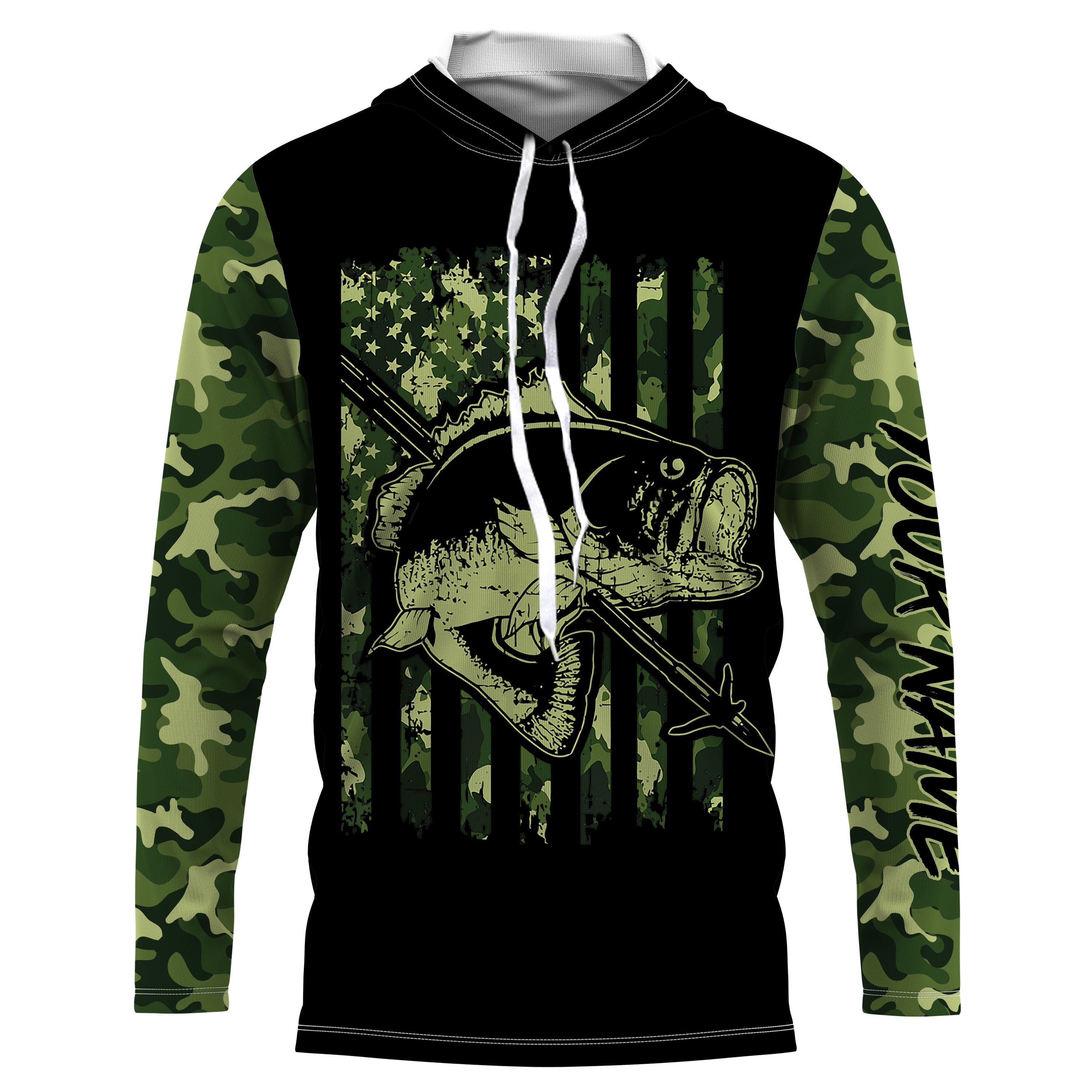 Largemouth Bass Bowfishing green camo American flag patriotic custom fishing Long sleeve, Long Sleeve Hooded NPQ714