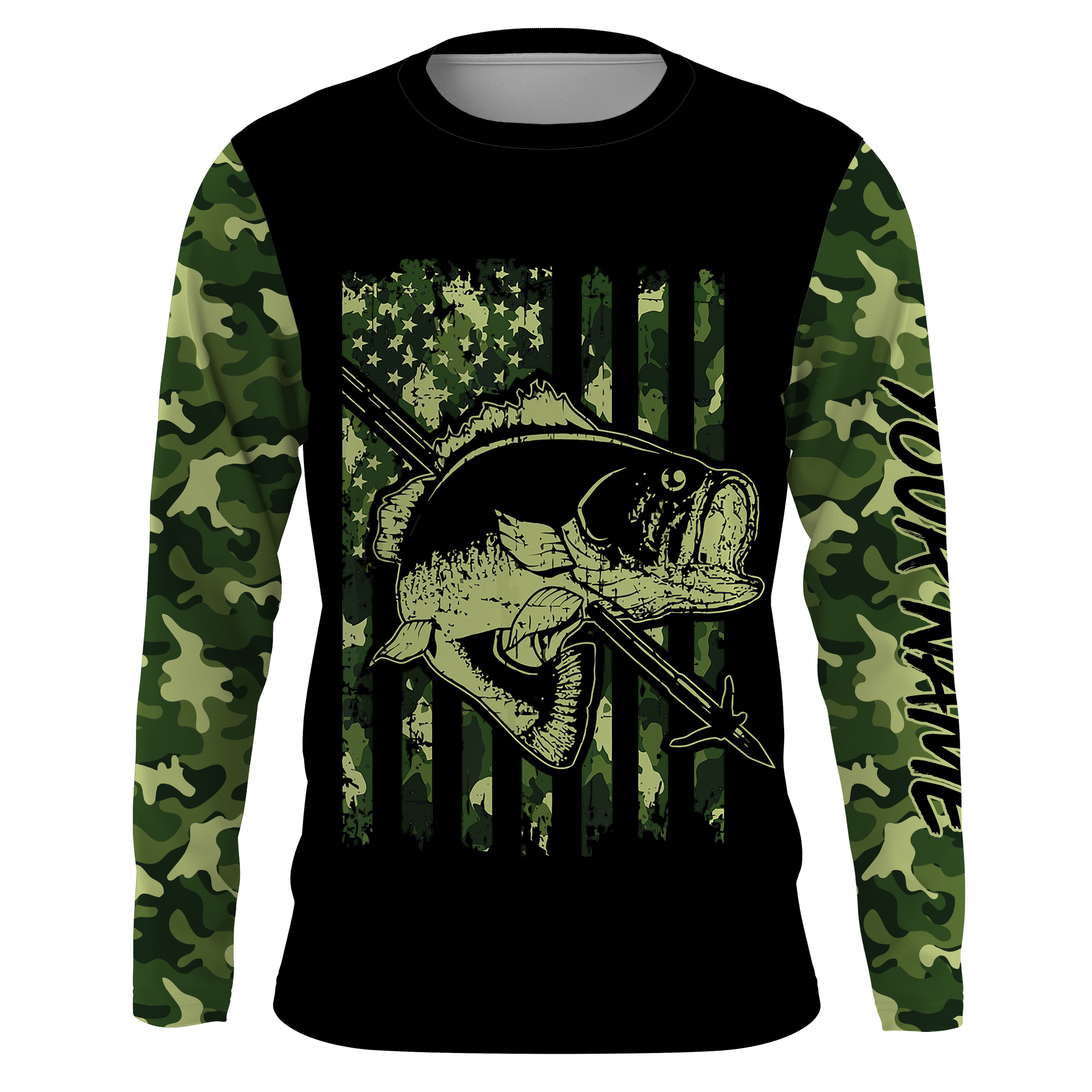 Largemouth Bass Bowfishing green camo American flag patriotic custom fishing Long sleeve, Long Sleeve Hooded NPQ714
