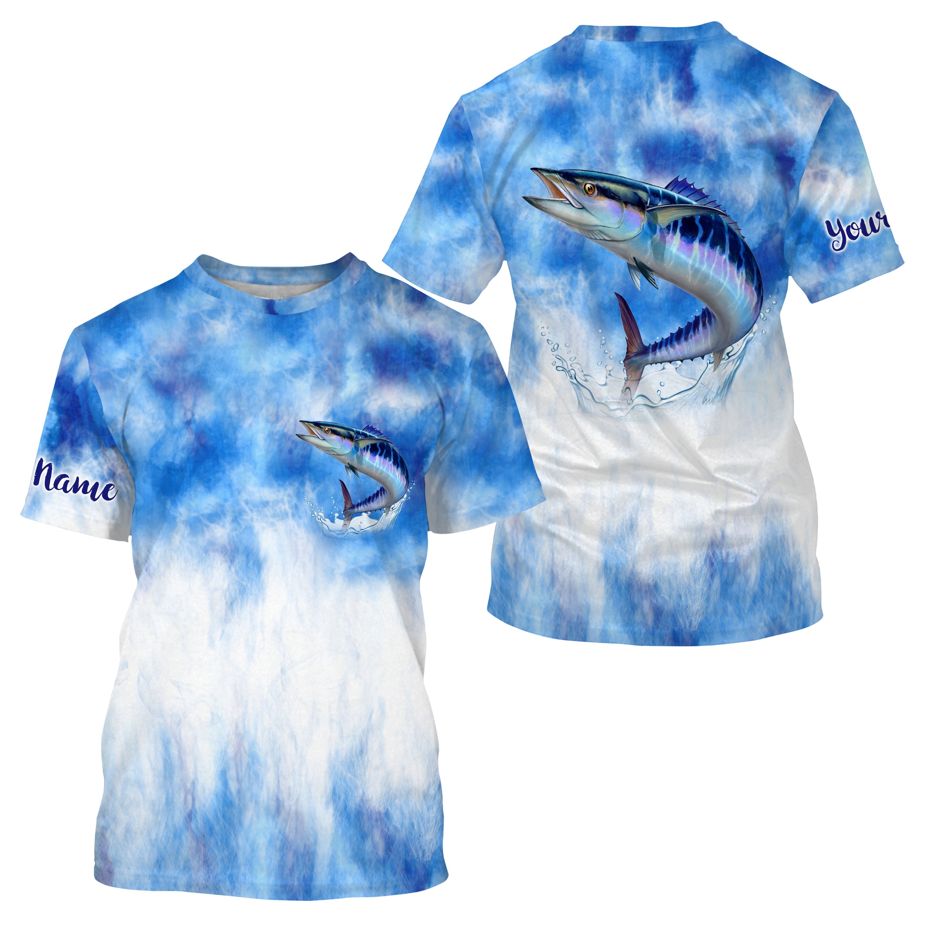 Wahoo saltwater fishing blue sea camo Custom name fishing jerseys | Tshirt - NPQ794