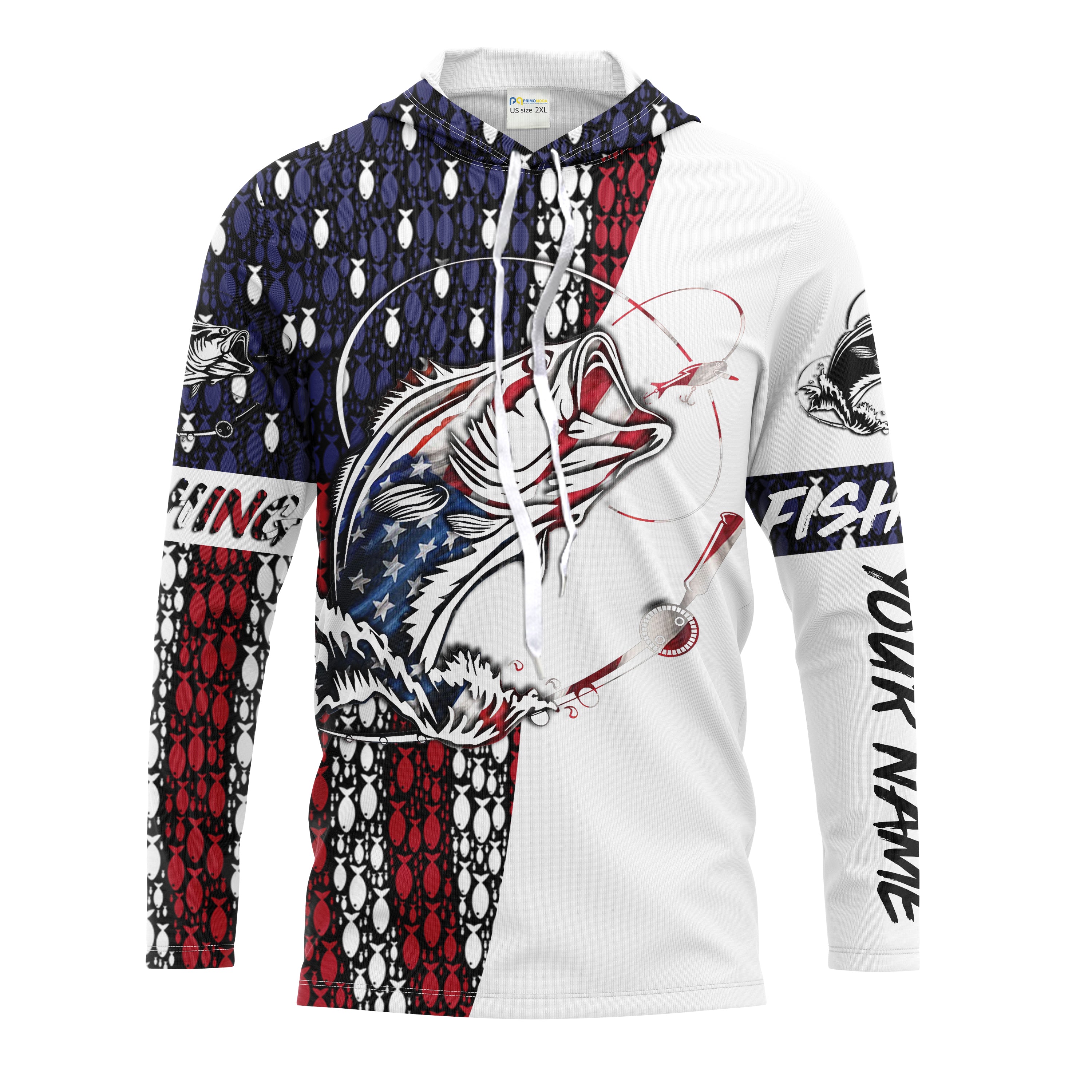 Mens US Fishing Flag Largemouth Bass Fishing 4th of July Custom Name Long Sleeve shirt - Patriotic Fishing Gifts SDF8