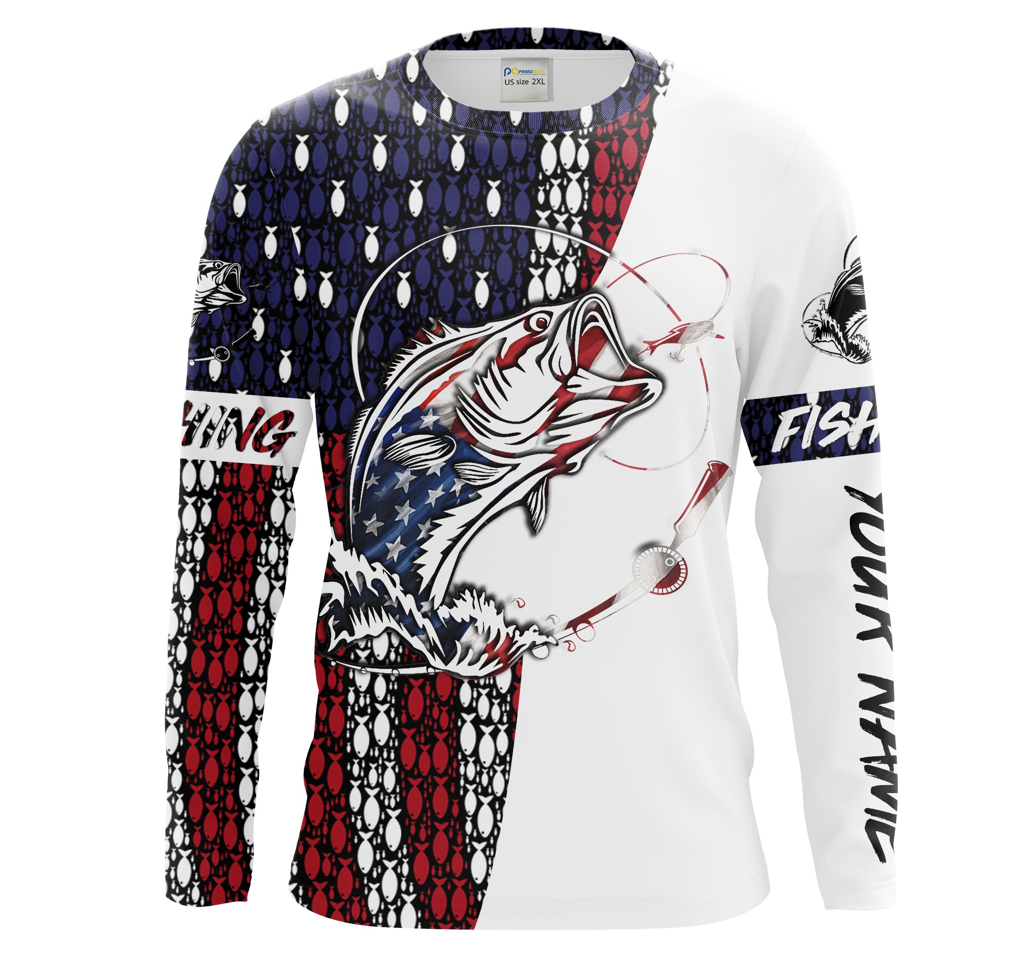 Mens US Fishing Flag Largemouth Bass Fishing 4th of July Custom Name Long Sleeve shirt - Patriotic Fishing Gifts SDF8