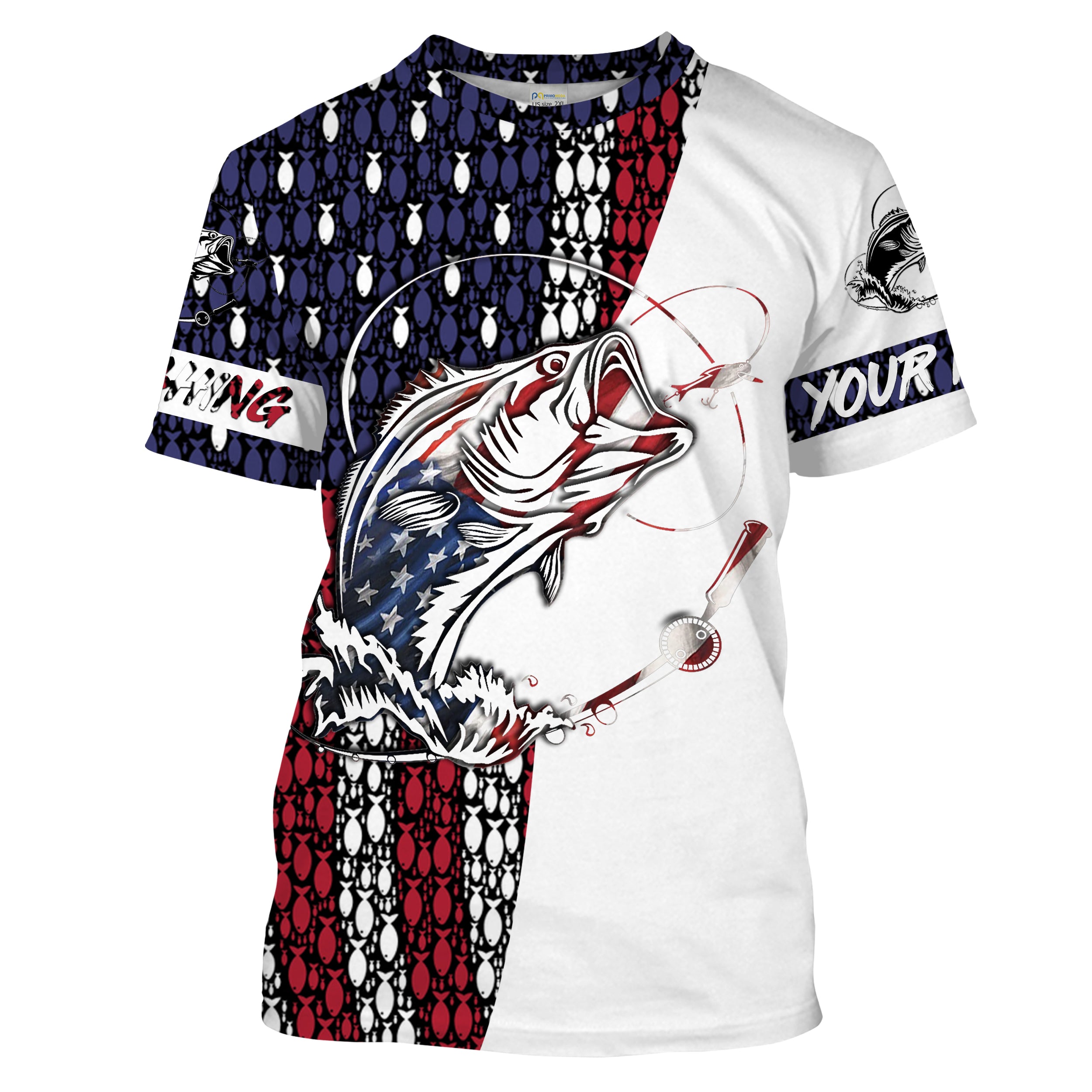 Mens US Fishing Flag Largemouth Bass Fishing 4th of July Custom Name T Shirt - Patriotic Fishing Gifts SDF8