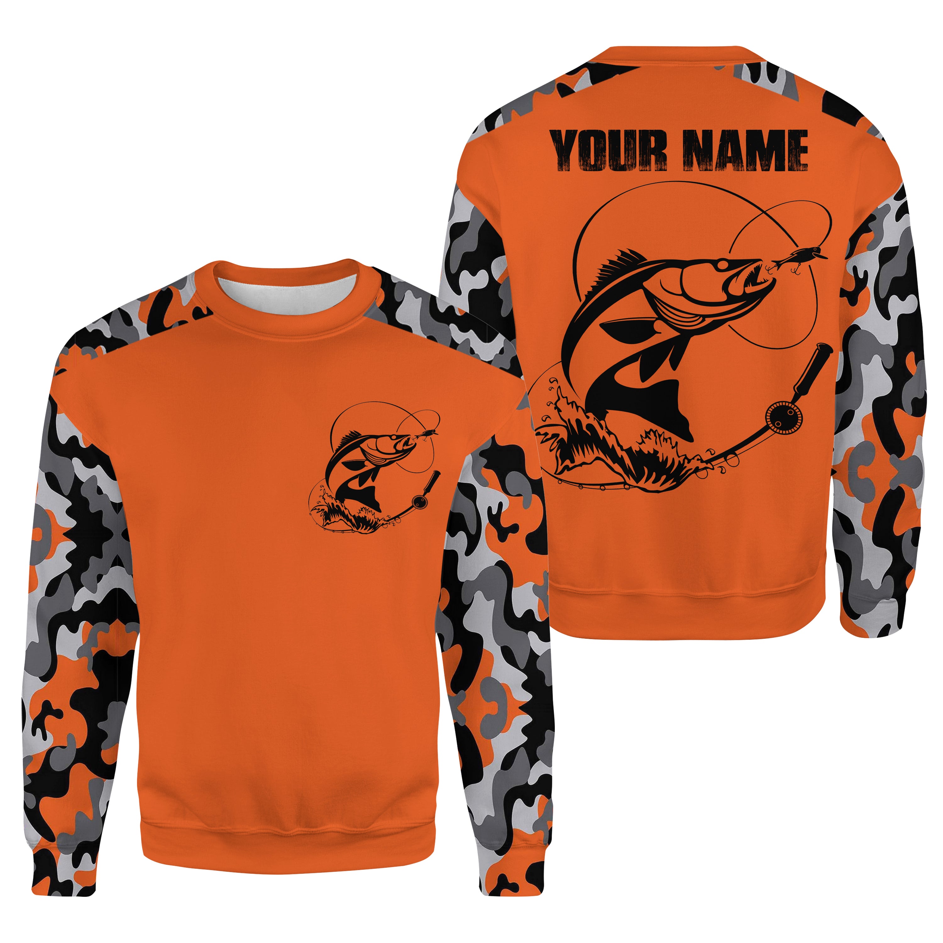 Personalized Walleye Fishing Camouflage Orange Performance Fishing Shirt All-over Print Crew Neck Sweatshirt SDF42