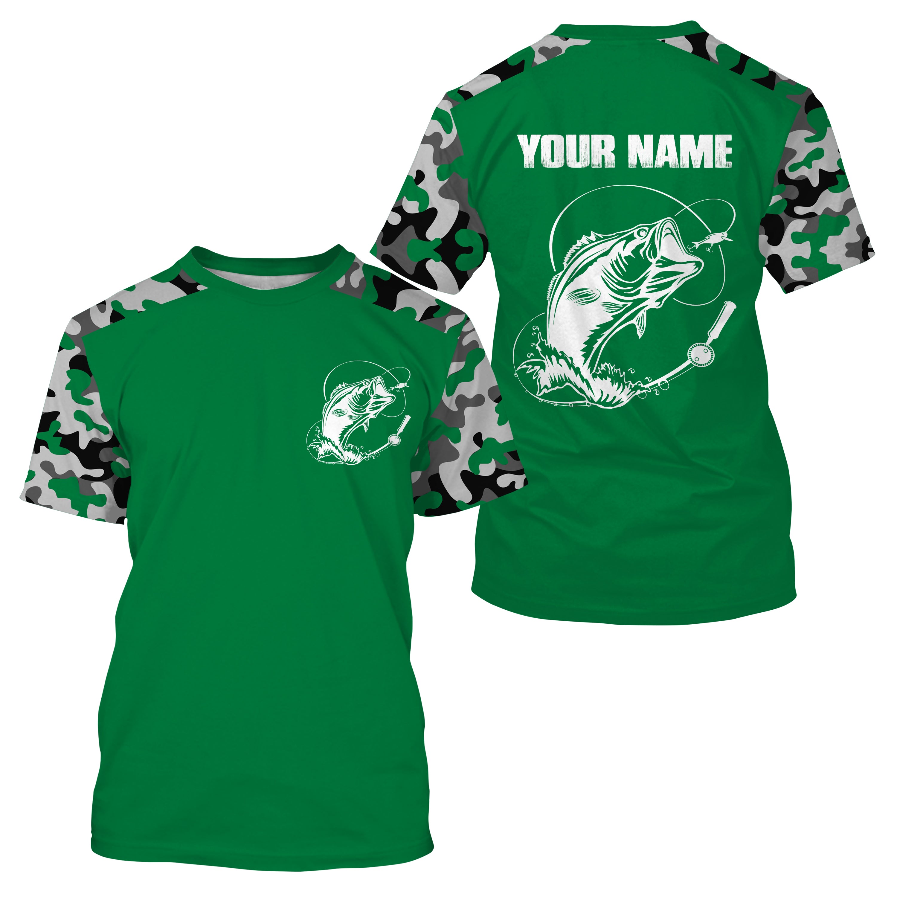 Custom Name Bass Fishing Camouflage Green Performance Fishing Shirt, Bass Fishing Jerseys - SDF129