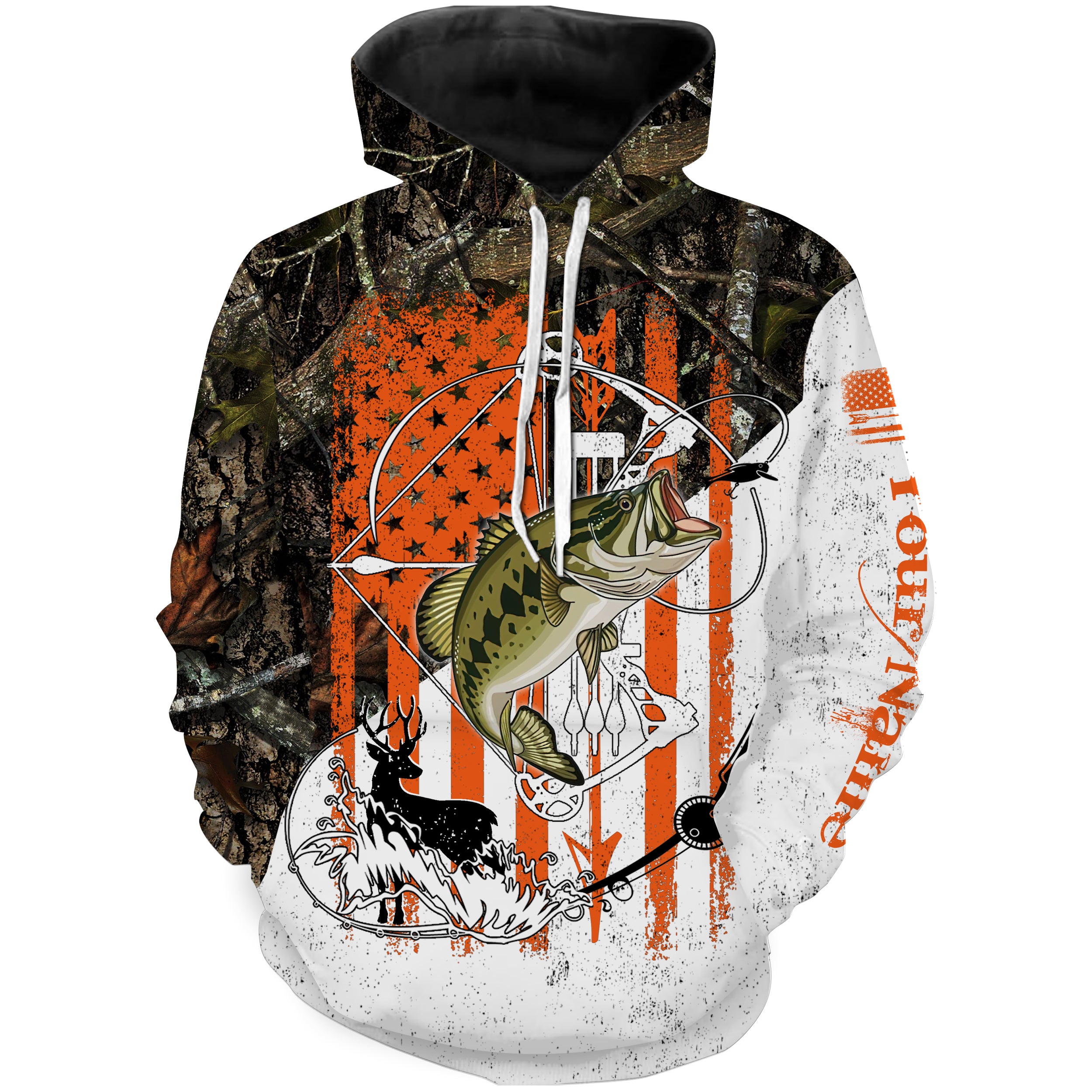 Fishing and Hunting American Flag Camo Bass and Deer Custom Name All Over Printed Hoodie, Personalized Gifts SDF70