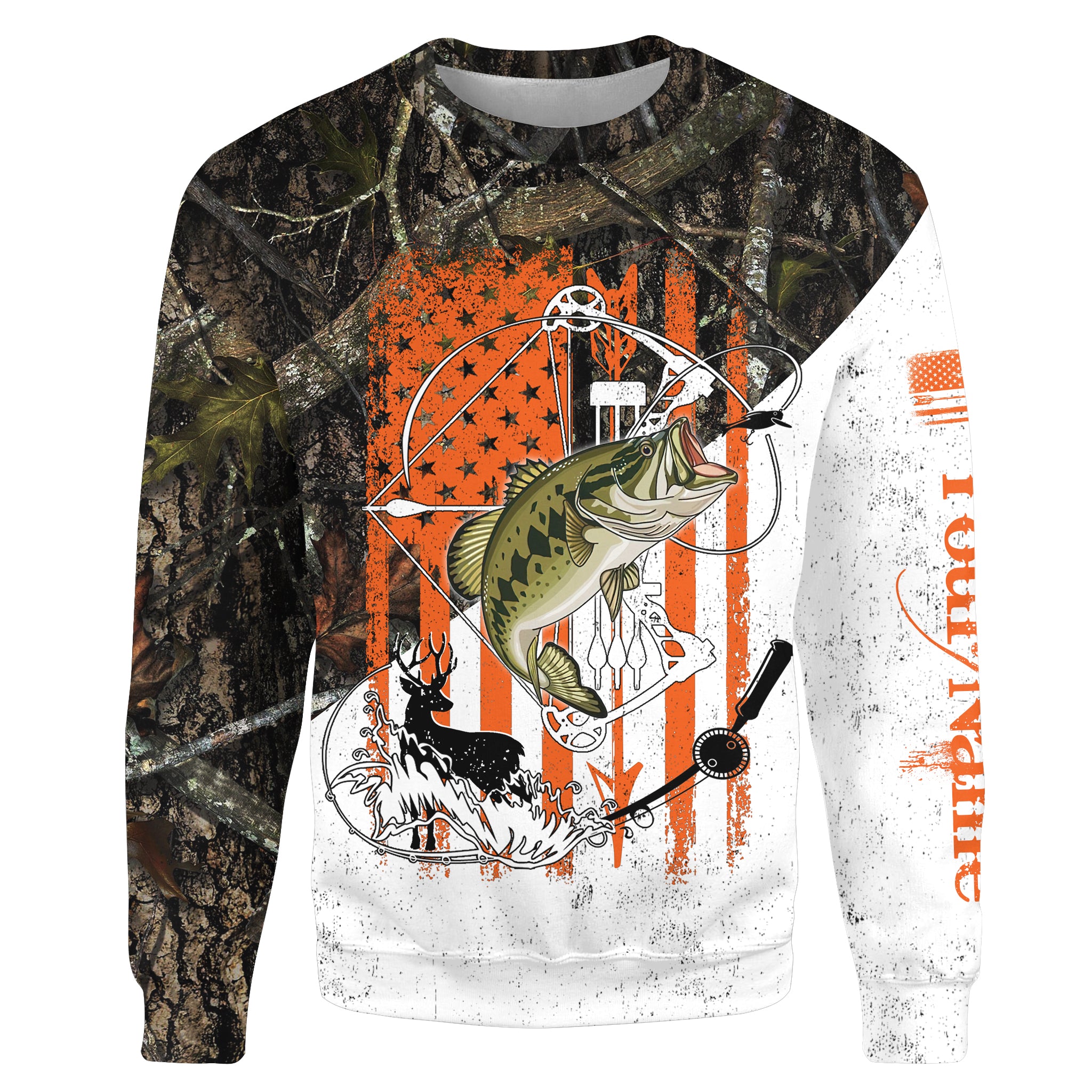 Fishing and Hunting American Flag Camo Bass and Deer Custom Name All Over Printed Crew Neck Sweatshirt, Personalized Gifts SDF70