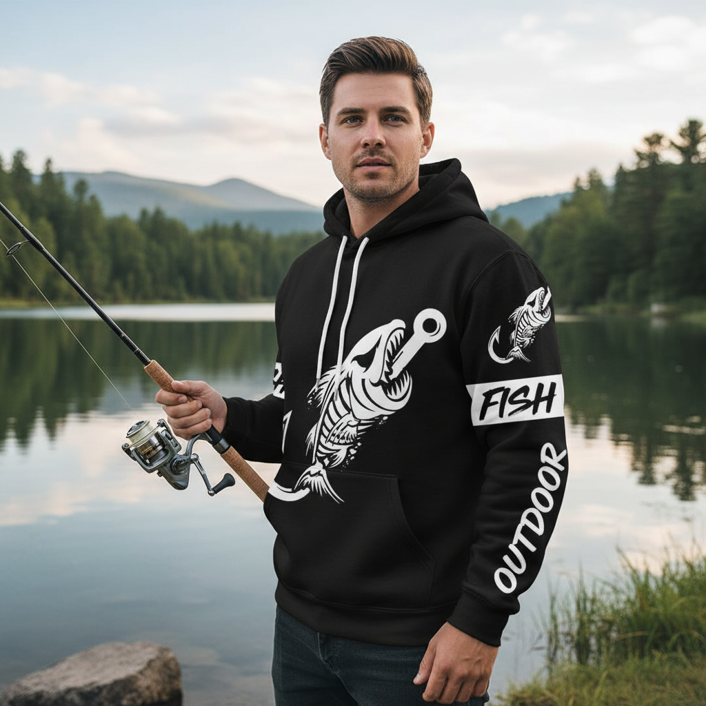 Black Fish hook skull fish reaper skeleton Custom name fishing jerseys  | Hoodie - NPQ777