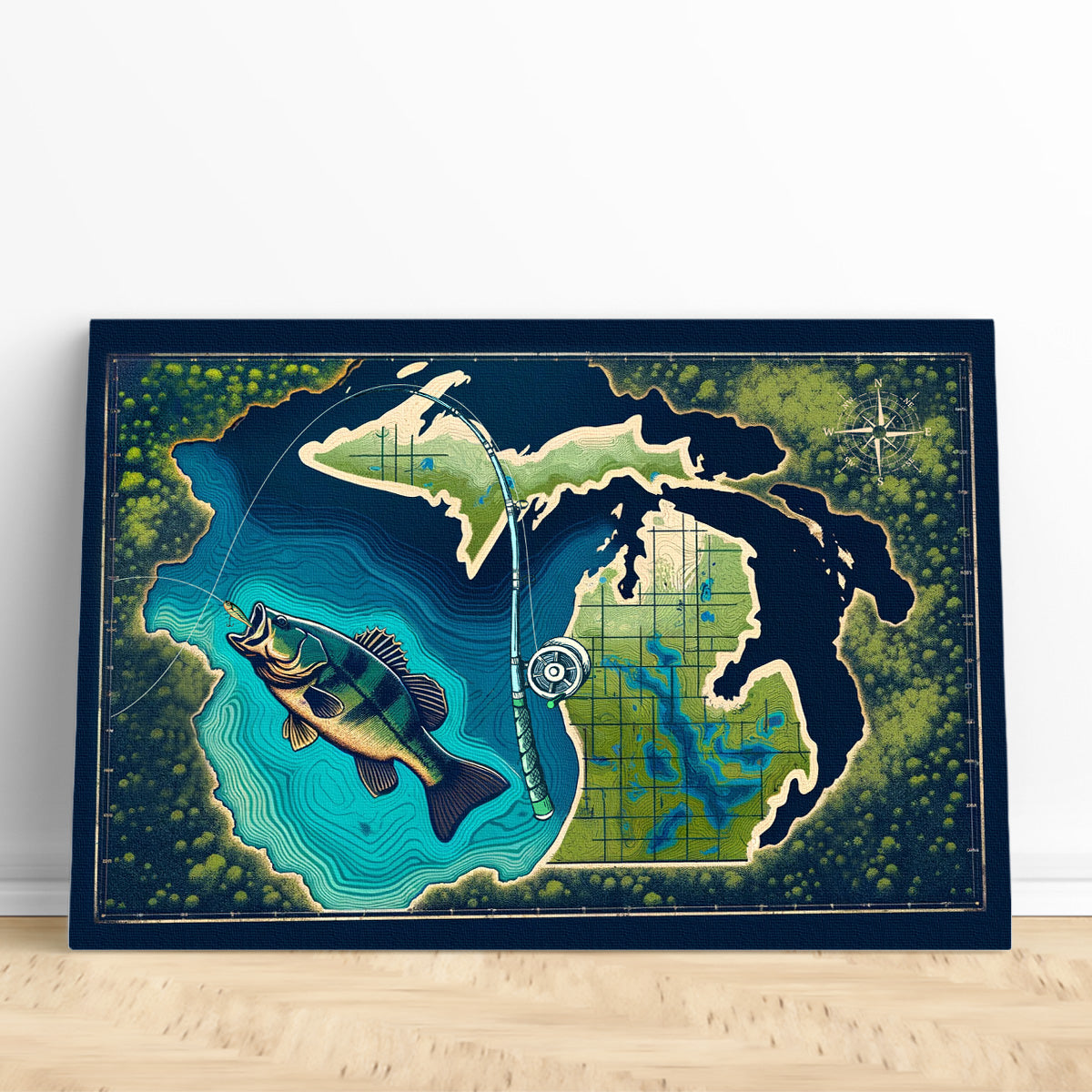 Michigan map art bass fishing canvas for bass fisherman