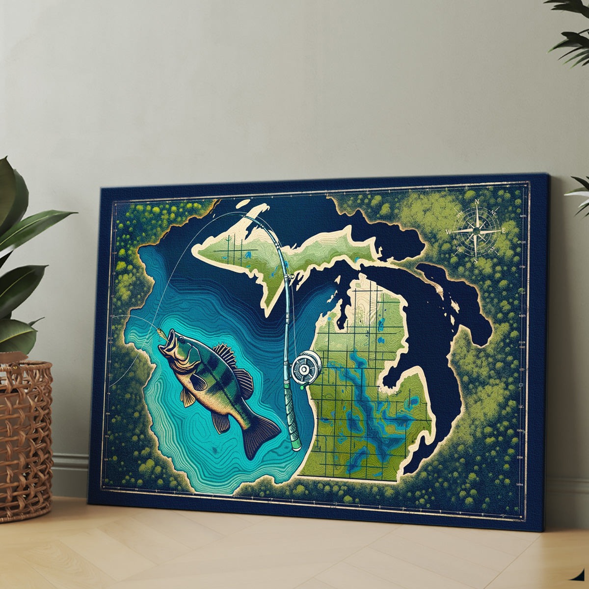 Michigan map art bass fishing canvas for bass fisherman