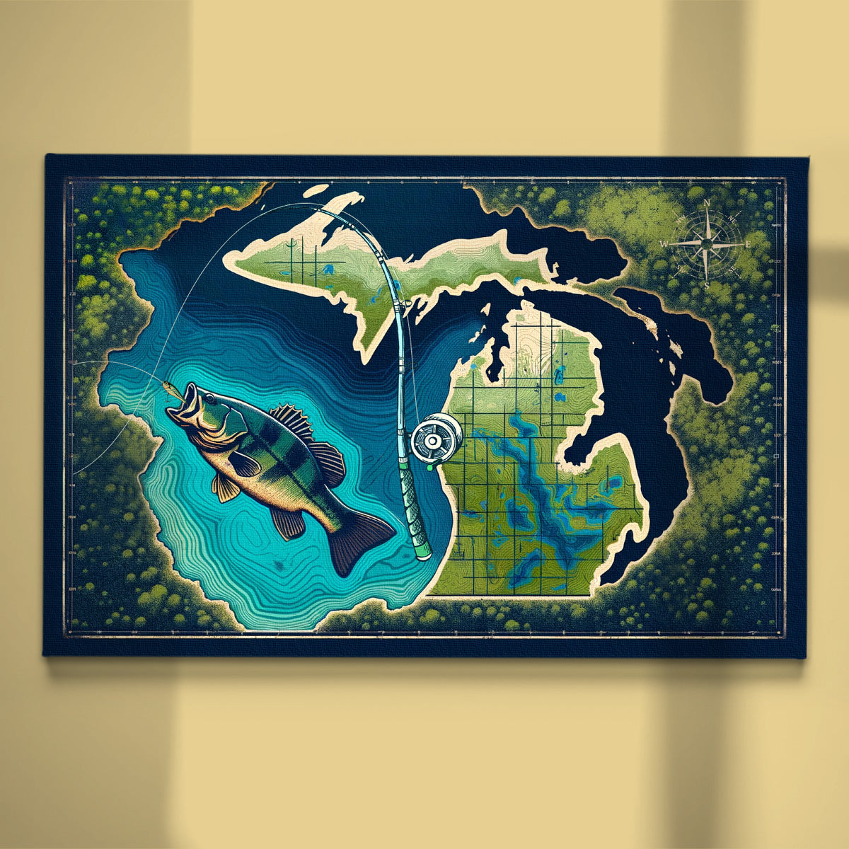 Michigan map art bass fishing canvas for bass fisherman