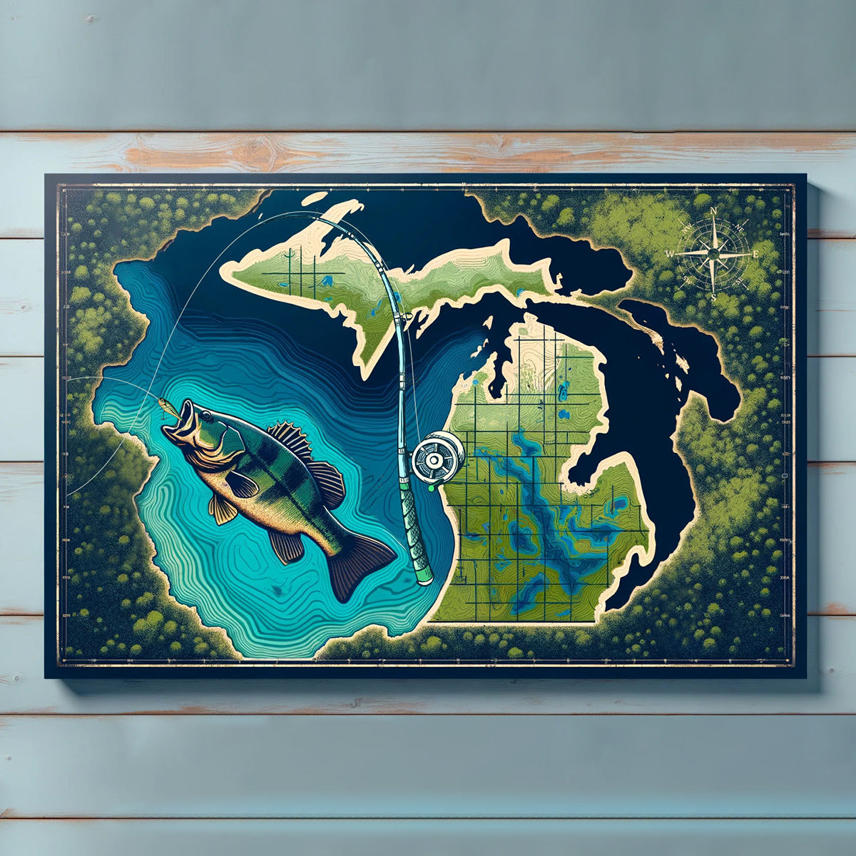 Michigan map art bass fishing canvas for bass fisherman