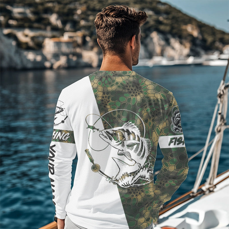 Black Drum Fishing Custom Long Sleeve Shirts, Black Drum Tournament Fishing Jerseys | Green Camo A75