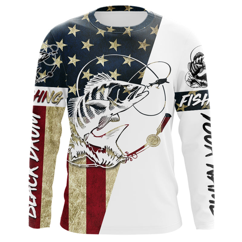 Personalized Black Drum American Flag Long Sleeve Fishing Shirts, Patriotic Fishing gifts A80