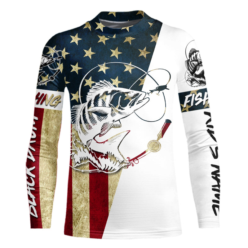 Personalized Black Drum Fishing American Flag Kid Long Sleeve Fishing Shirts, Patriotic Fishing gifts A80