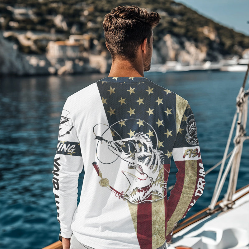 Personalized Black Drum American Flag Long Sleeve Fishing Shirts, Patriotic Fishing gifts A80