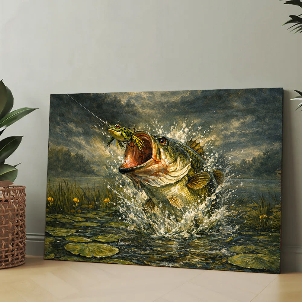 Bass Fish Art Largemouth Bass Exploding on Topwater Frog Fishing Art Canvas Decor