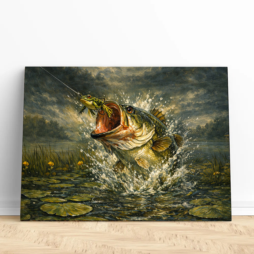 Bass Fish Art Largemouth Bass Exploding on Topwater Frog Fishing Art Canvas Decor