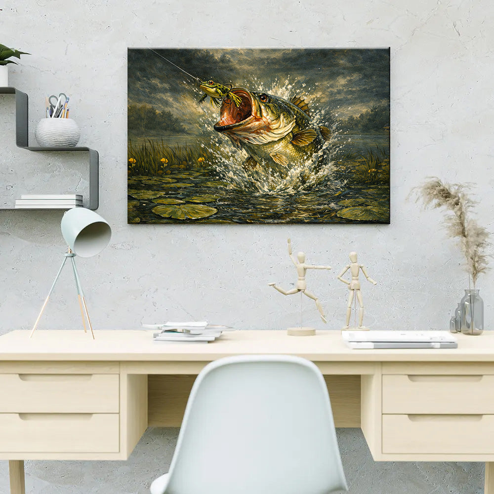 Bass Fish Art Largemouth Bass Exploding on Topwater Frog Fishing Art Canvas Decor