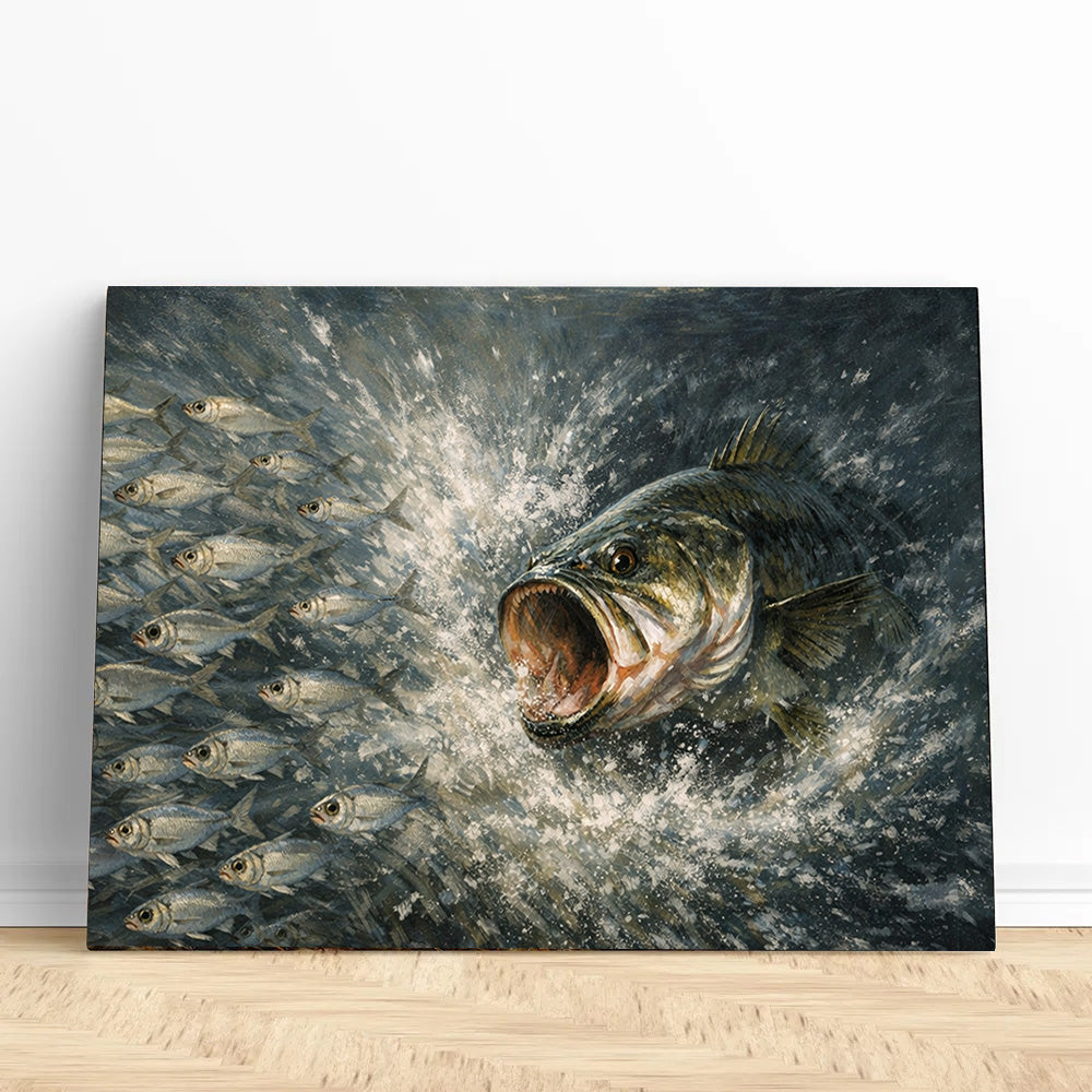 Bass Fish Art Bass Chasing Shad School Fishing Art Canvas Decor