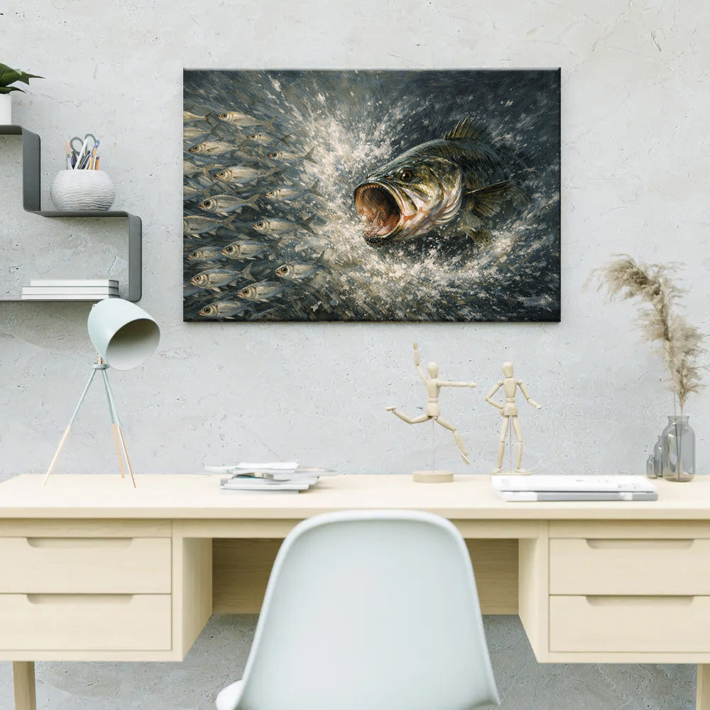 Bass Fish Art Bass Chasing Shad School Fishing Art Canvas Decor