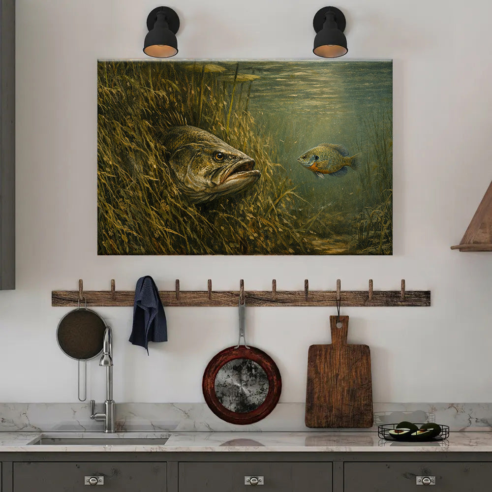 Bass Fish Art Bass Hidden in Weed Bed – The Perfect Ambush Bluegill Fishing Art Canvas Decor