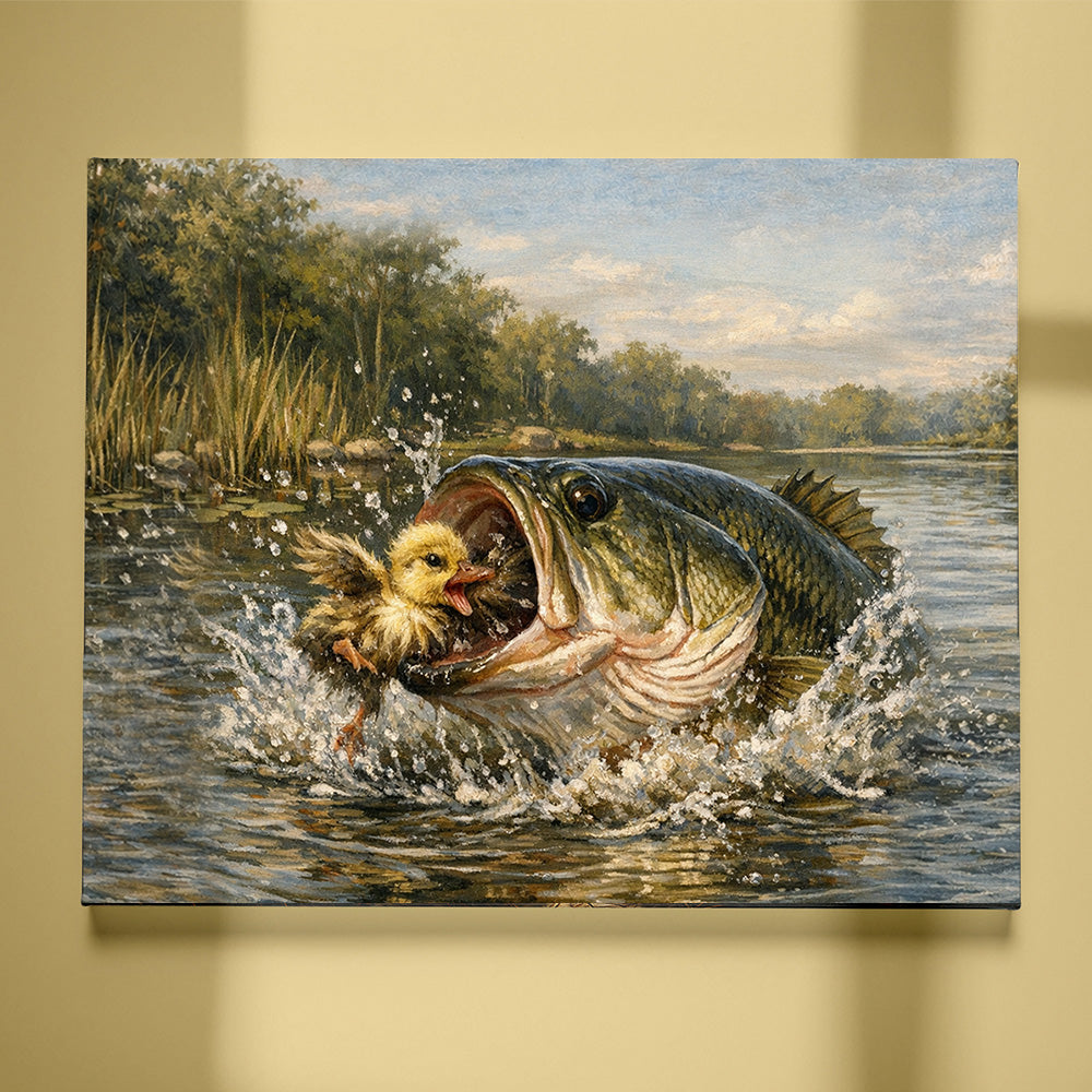 Bass Fish Art Largemouth Bass Eating a Baby Duck Fishing Art Canvas Decor