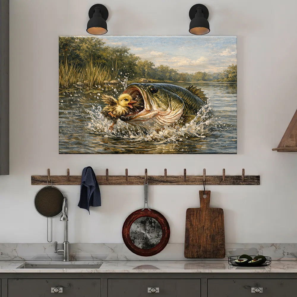 Bass Fish Art Largemouth Bass Eating a Baby Duck Fishing Art Canvas Decor