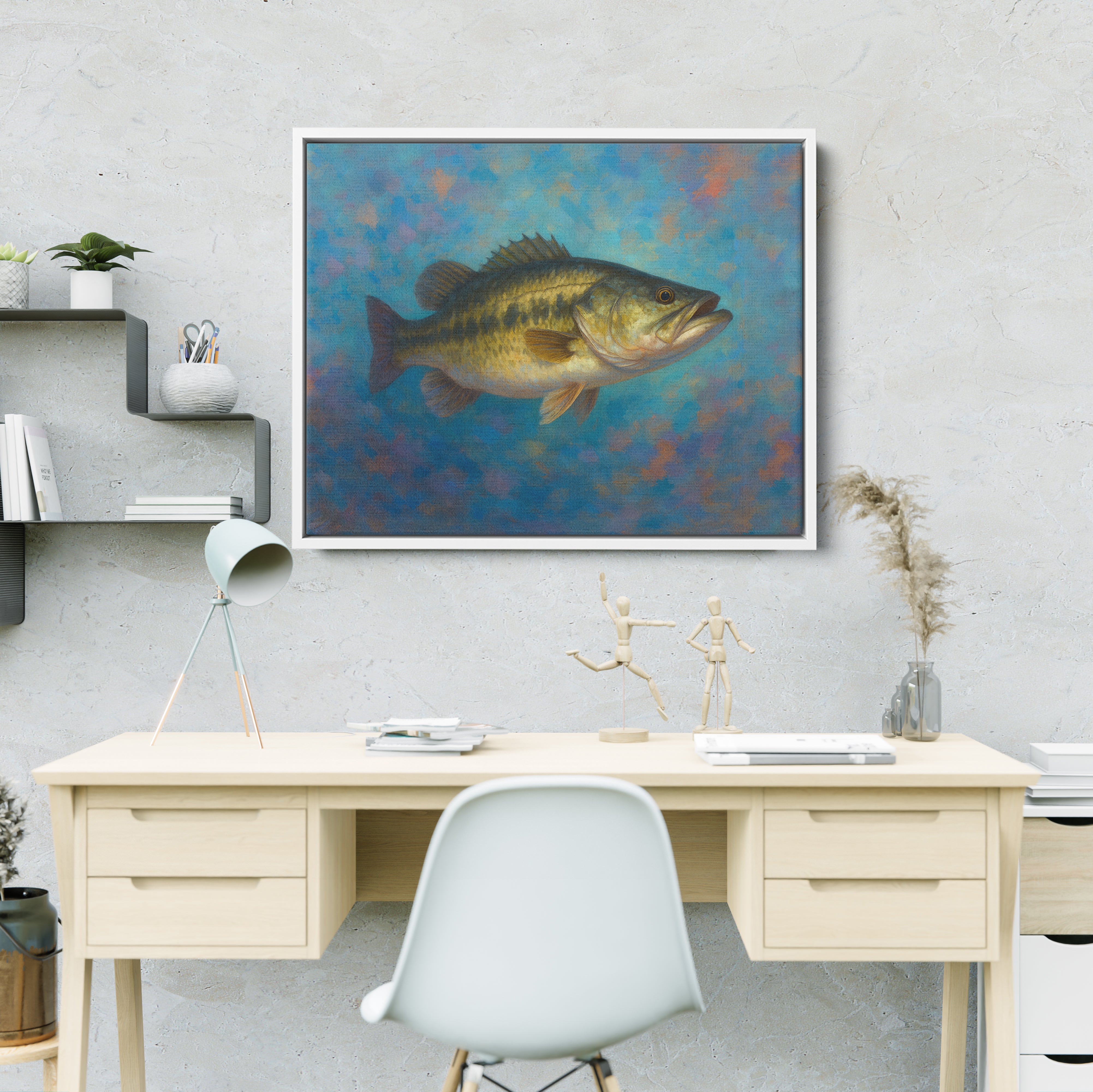Bass Fishing Art Colorful Painting Fish Art Printed Framed Matte Canvas