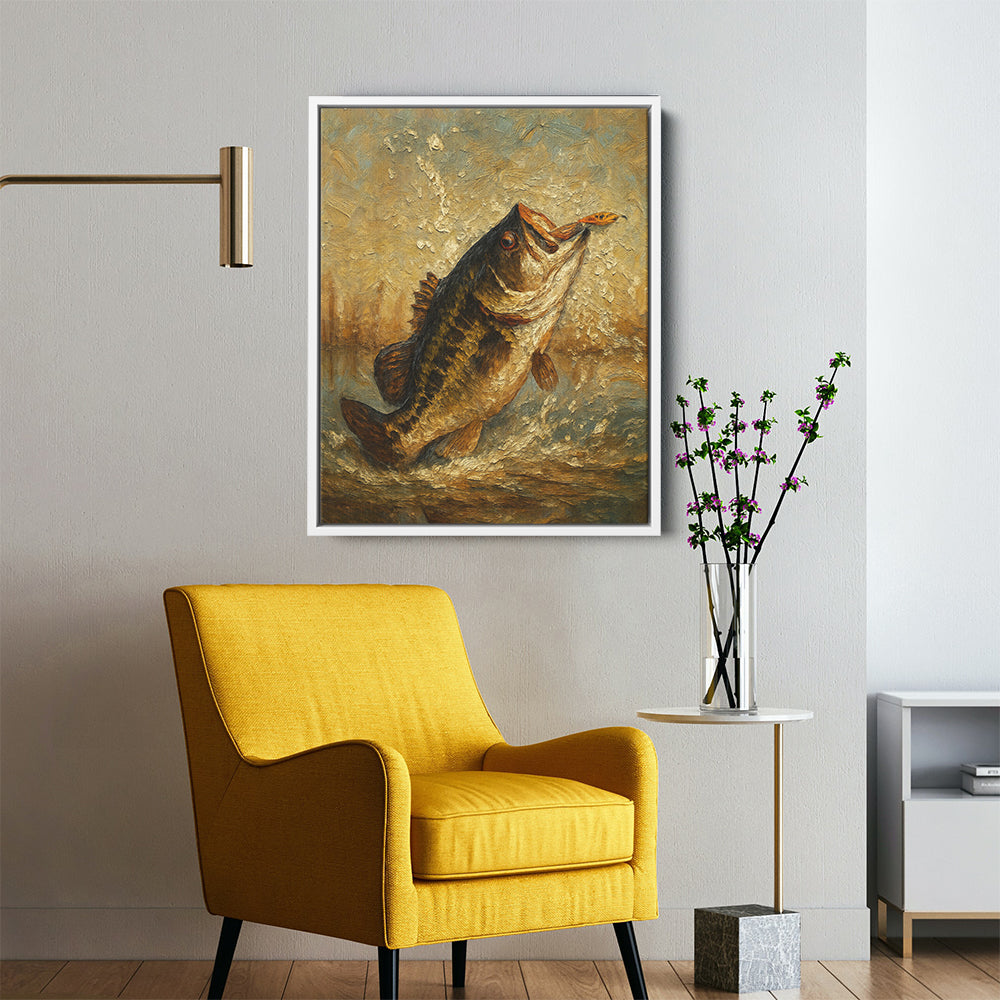 Bass Fishing Art Oil Painting Printed Fish Art Framed Matte Canvas