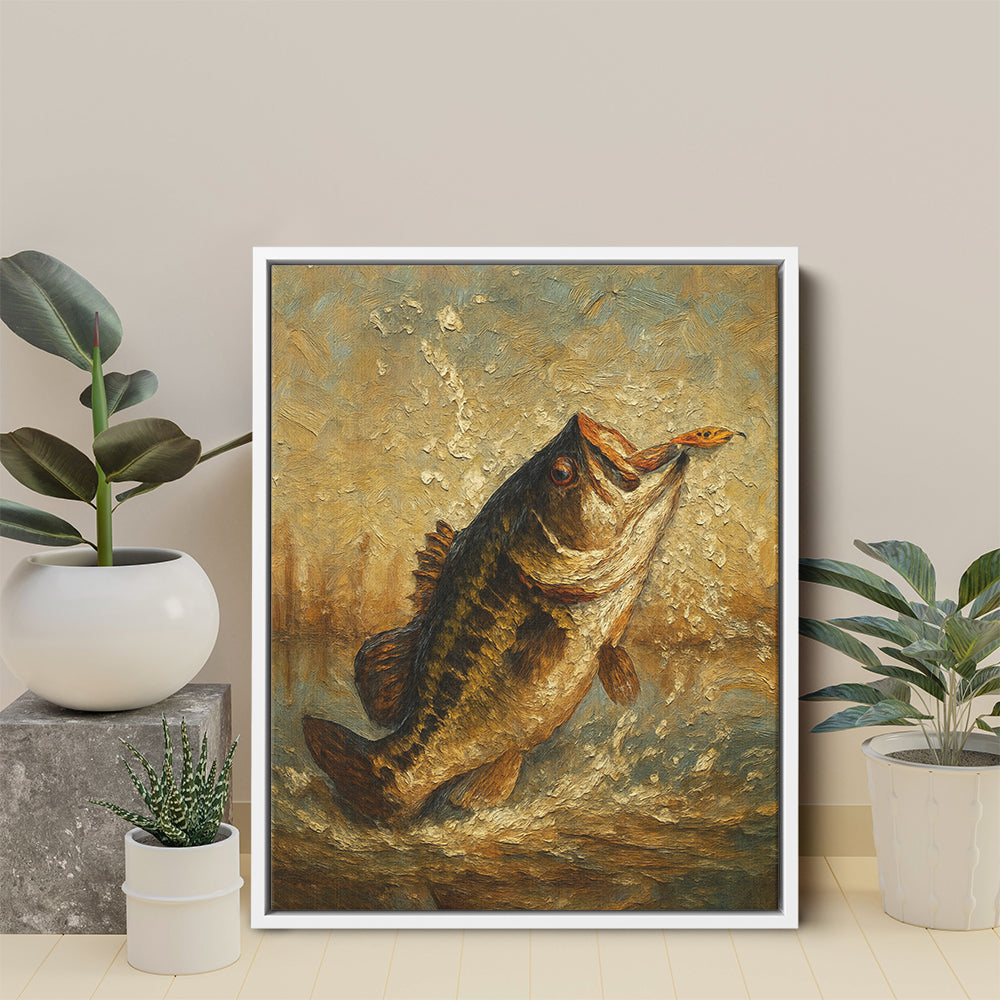 Bass Fishing Oil Painting Printed Framed Matte Canvas