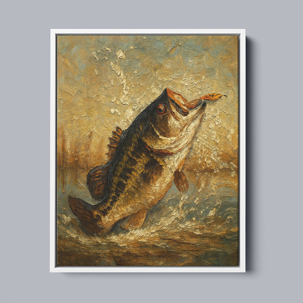Bass Fishing Oil Painting Printed Framed Matte Canvas