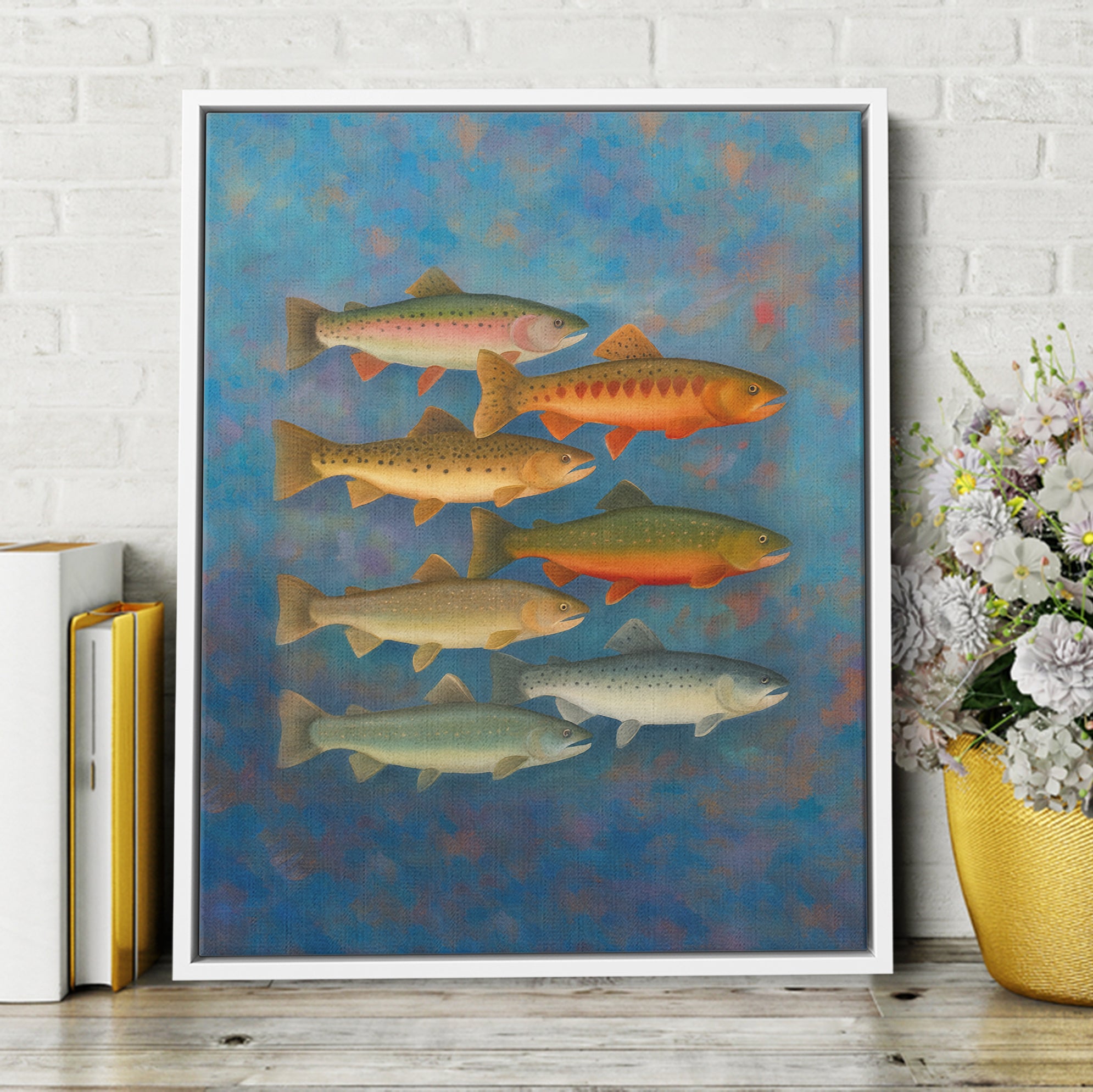 Trout of North America Colorful Painting Printed Framed Matte Canvas