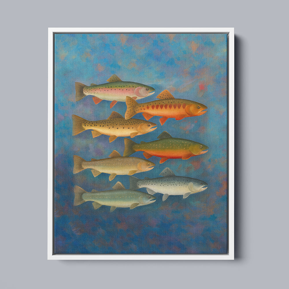 Trout of North America Colorful Painting Printed Framed Matte Canvas