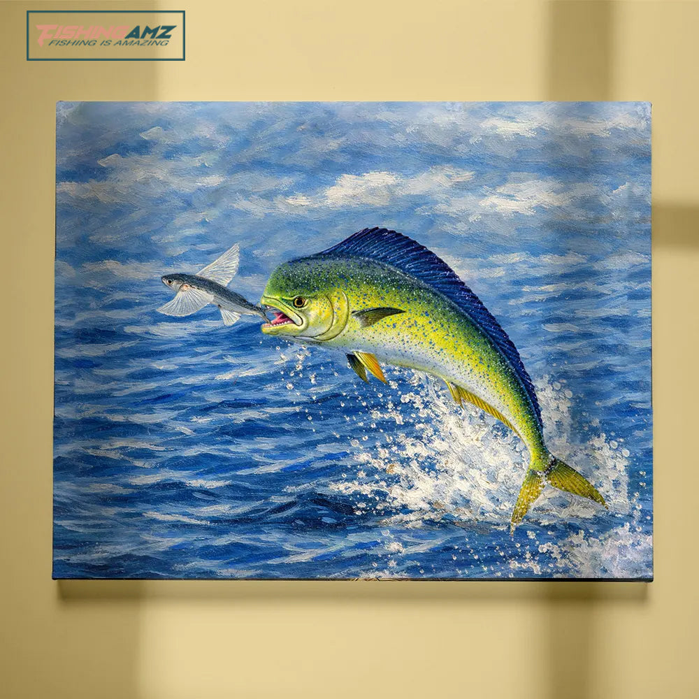 Mid-Air Strike: Mahi Mahi vs Flying Fish – Offshore Fishing Canvas Art