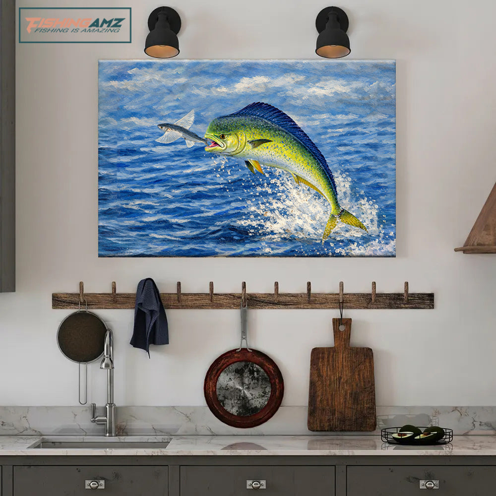 Mid-Air Strike: Mahi Mahi vs Flying Fish – Offshore Fishing Canvas Art