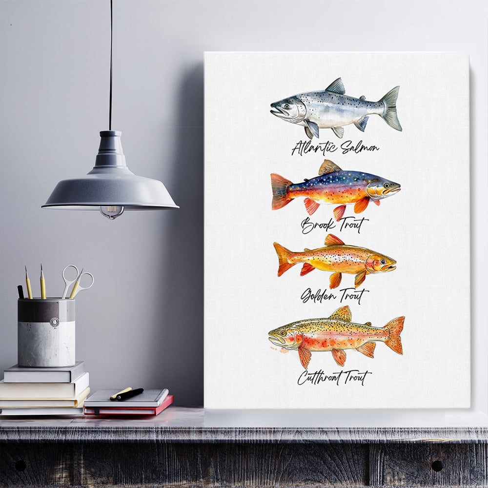 Trout Fishing Watercolor Art Fly Fishing Trout Painting Colorful Canvas