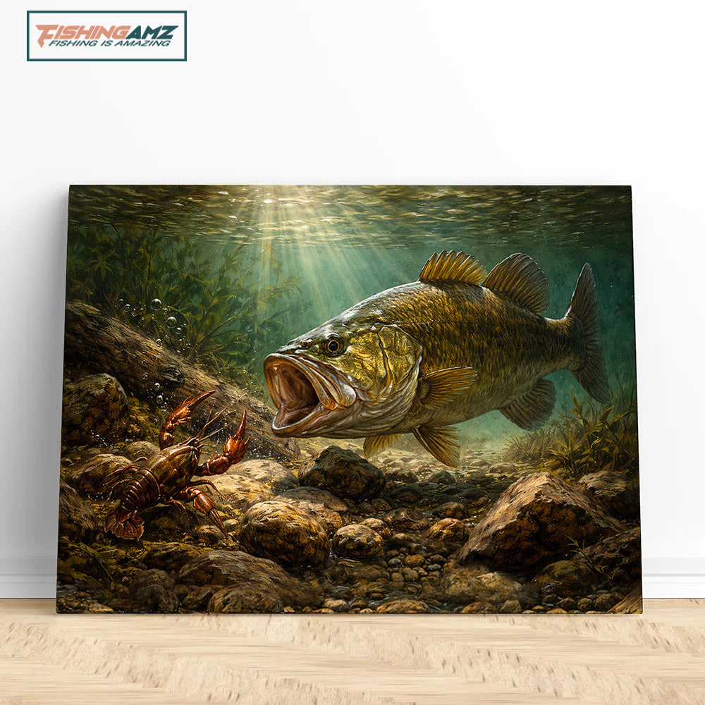 Bass Fish Art Smallmouth Bass vs Crawfish Fishing Wall Art Canvas