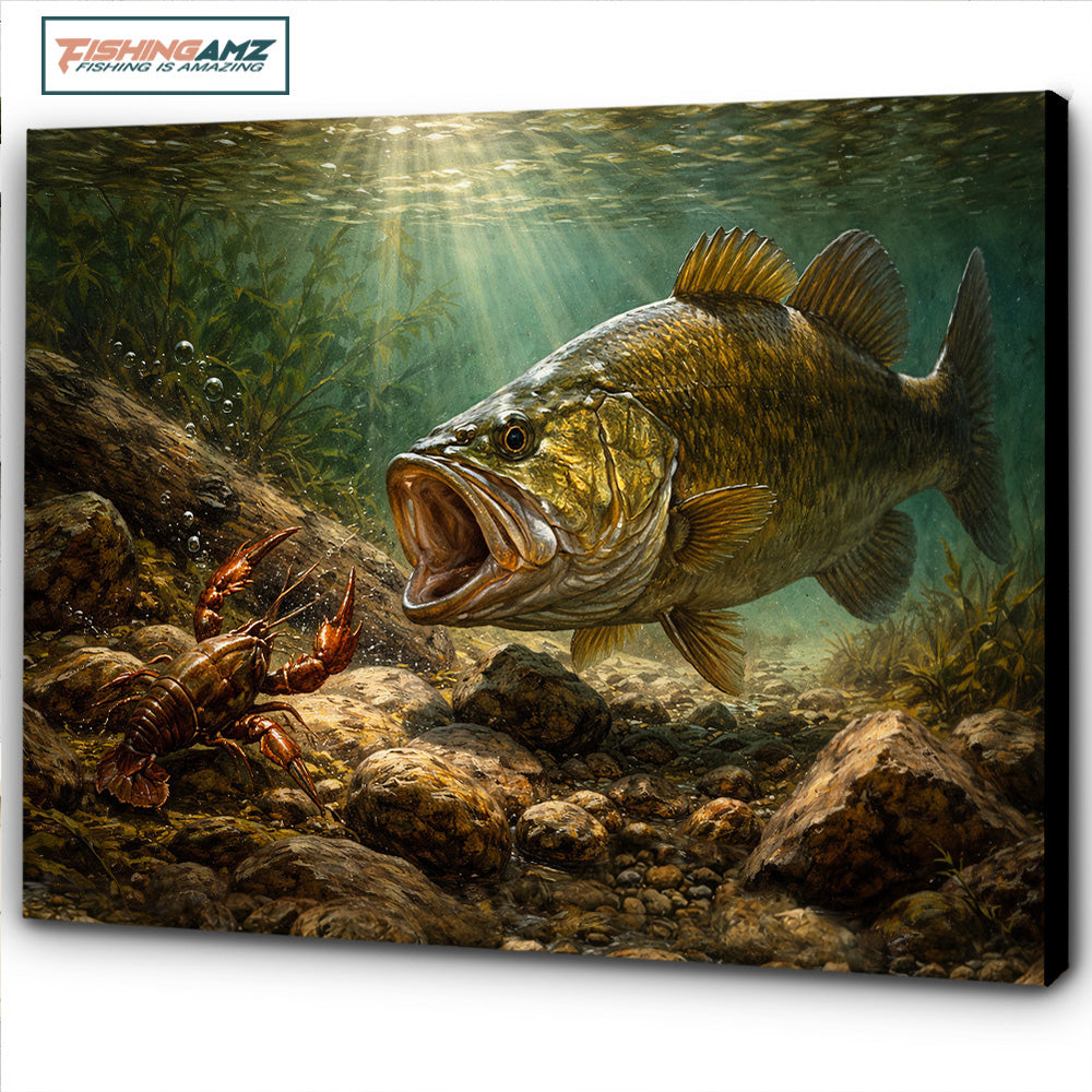 Bass Fish Art Smallmouth Bass vs Crawfish Fishing Wall Art Canvas