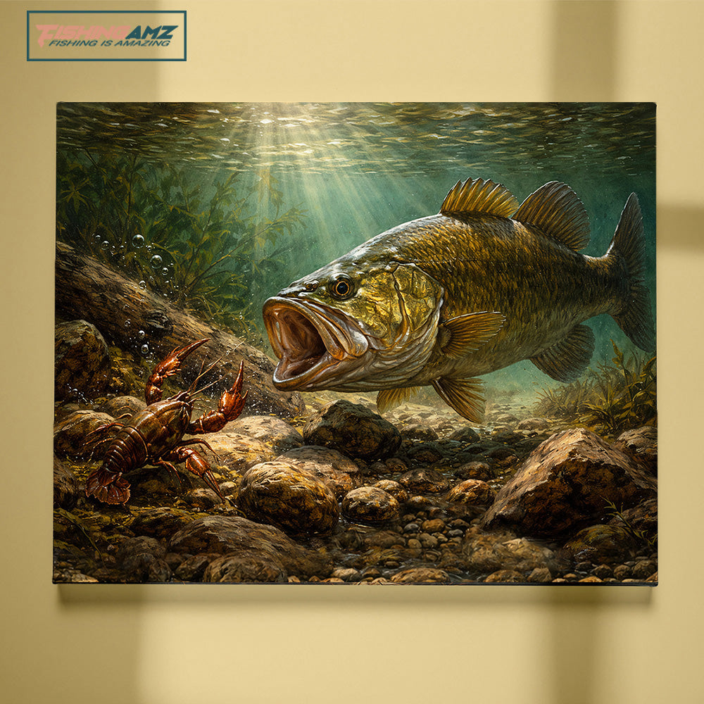 Bass Fish Art Smallmouth Bass vs Crawfish Fishing Wall Art Canvas