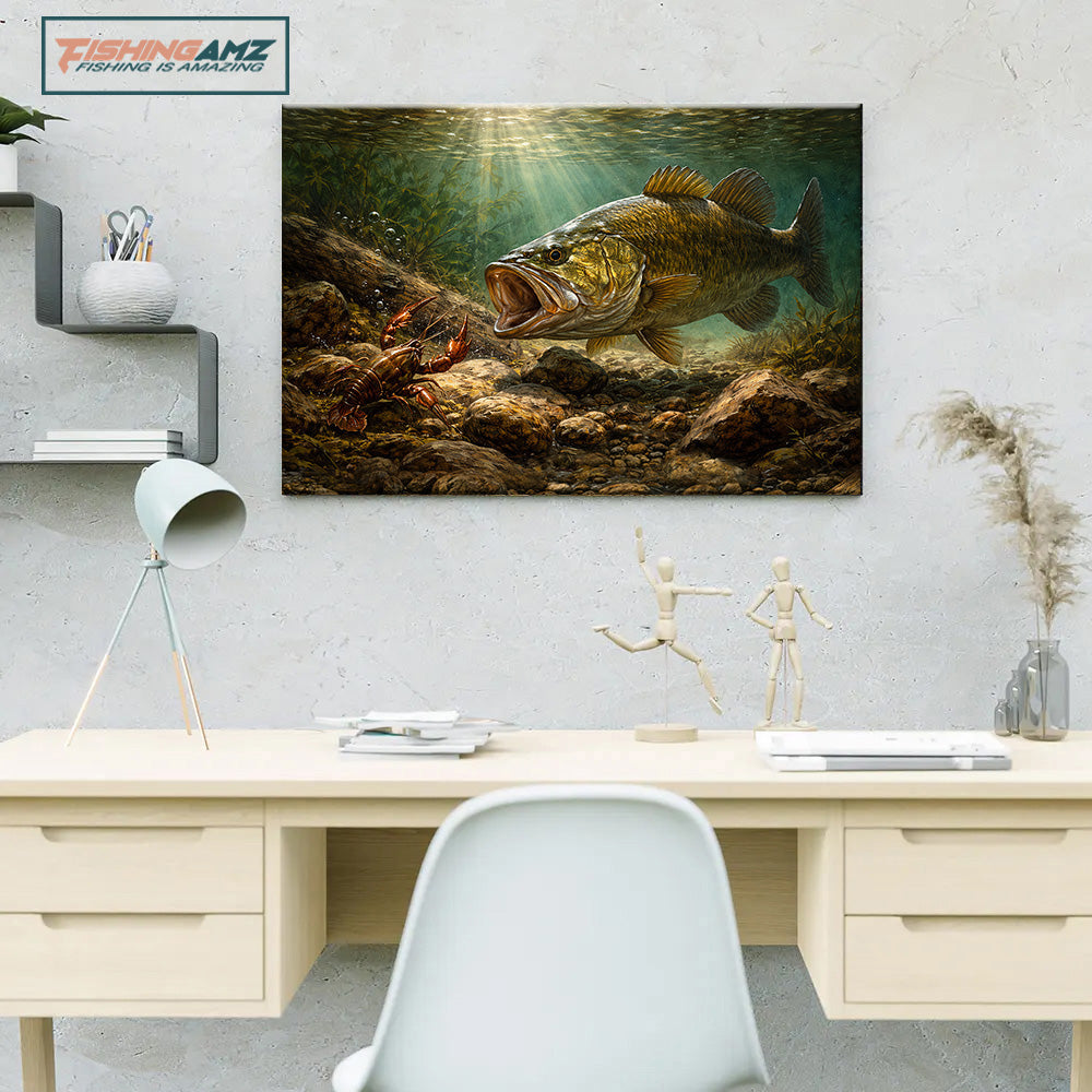 Bass Fish Art Smallmouth Bass vs Crawfish Fishing Wall Art Canvas