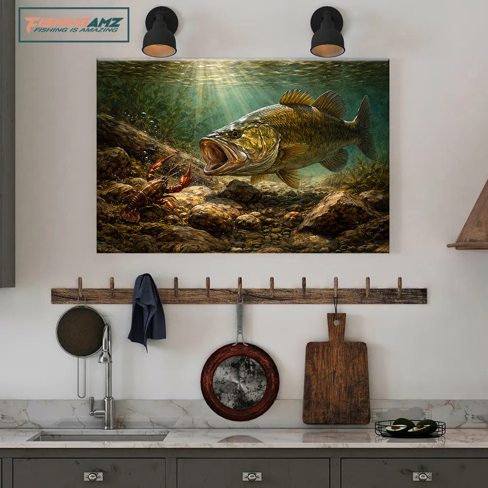 Bass Fish Art Smallmouth Bass vs Crawfish Fishing Wall Art Canvas