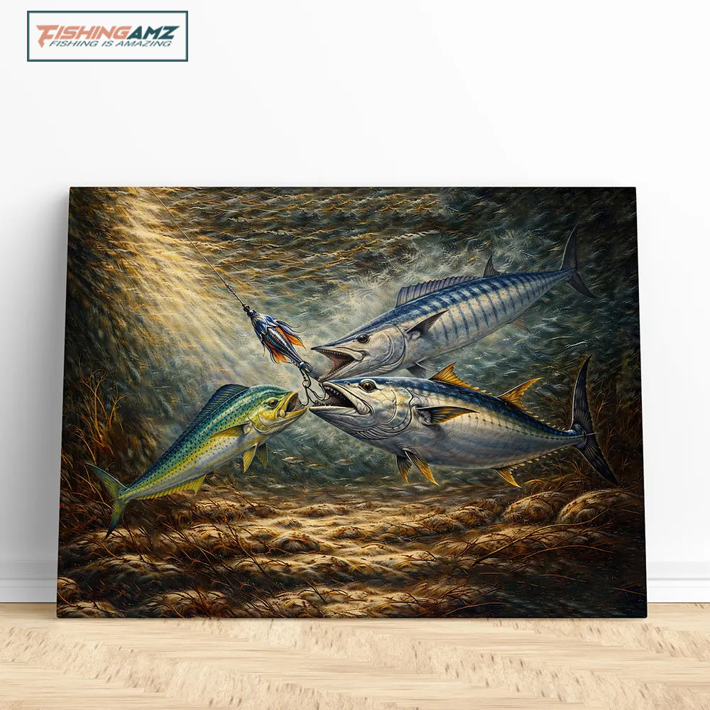 Underwater Battle for the Lure Fish Art – Mahi Mahi, Wahoo & Bluefin Tuna Painting Matte Canvas