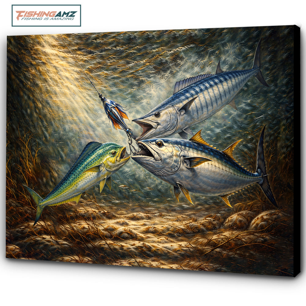 Underwater Battle for the Lure Fish Art – Mahi Mahi, Wahoo & Bluefin Tuna Painting Matte Canvas