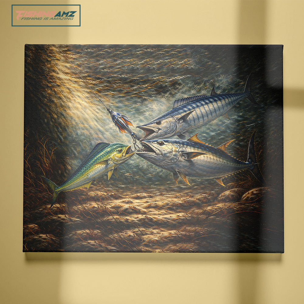 Underwater Battle for the Lure Fish Art – Mahi Mahi, Wahoo & Bluefin Tuna Painting Matte Canvas