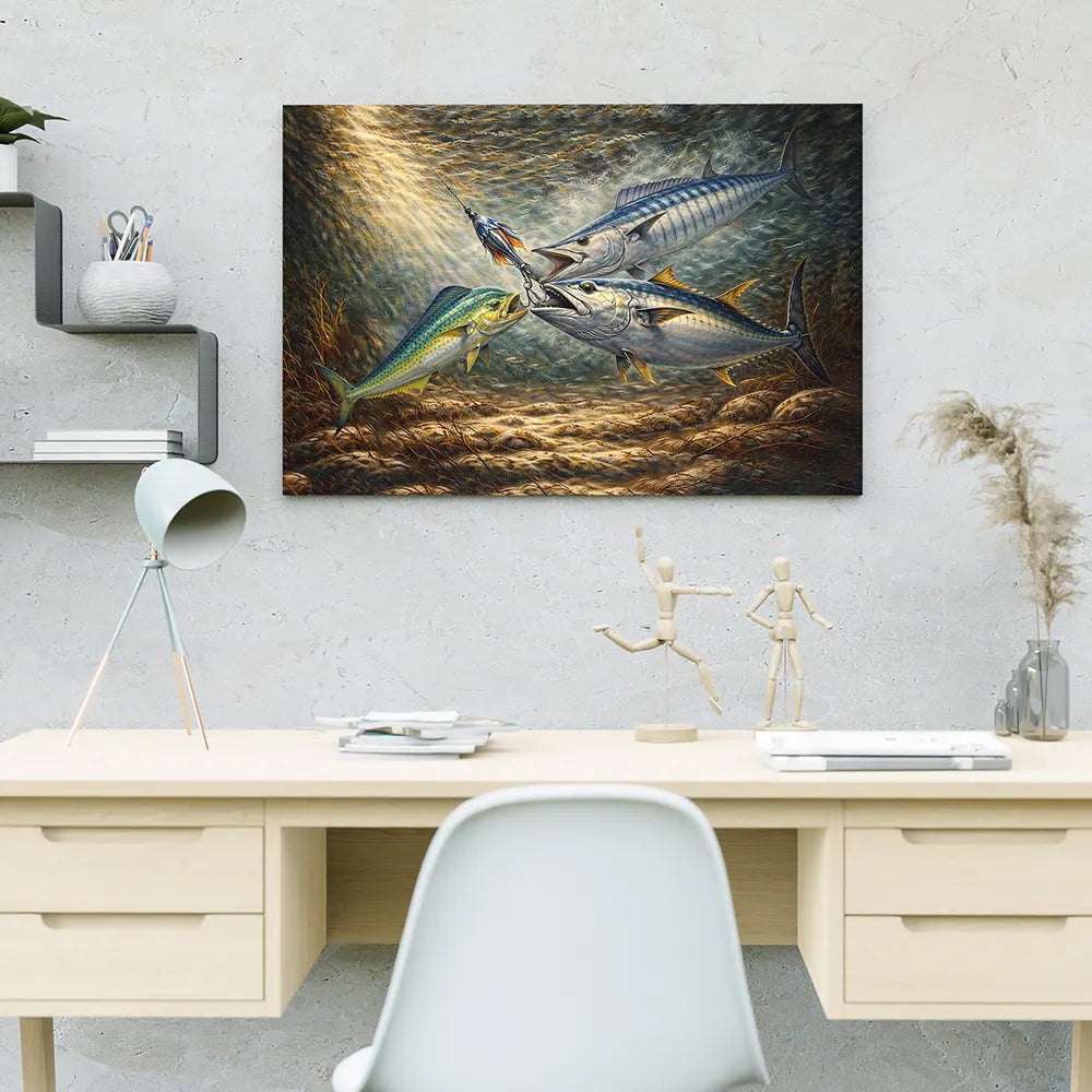 Underwater Battle for the Lure – Mahi Mahi, Wahoo & Bluefin Tuna Painting Matte Canvas