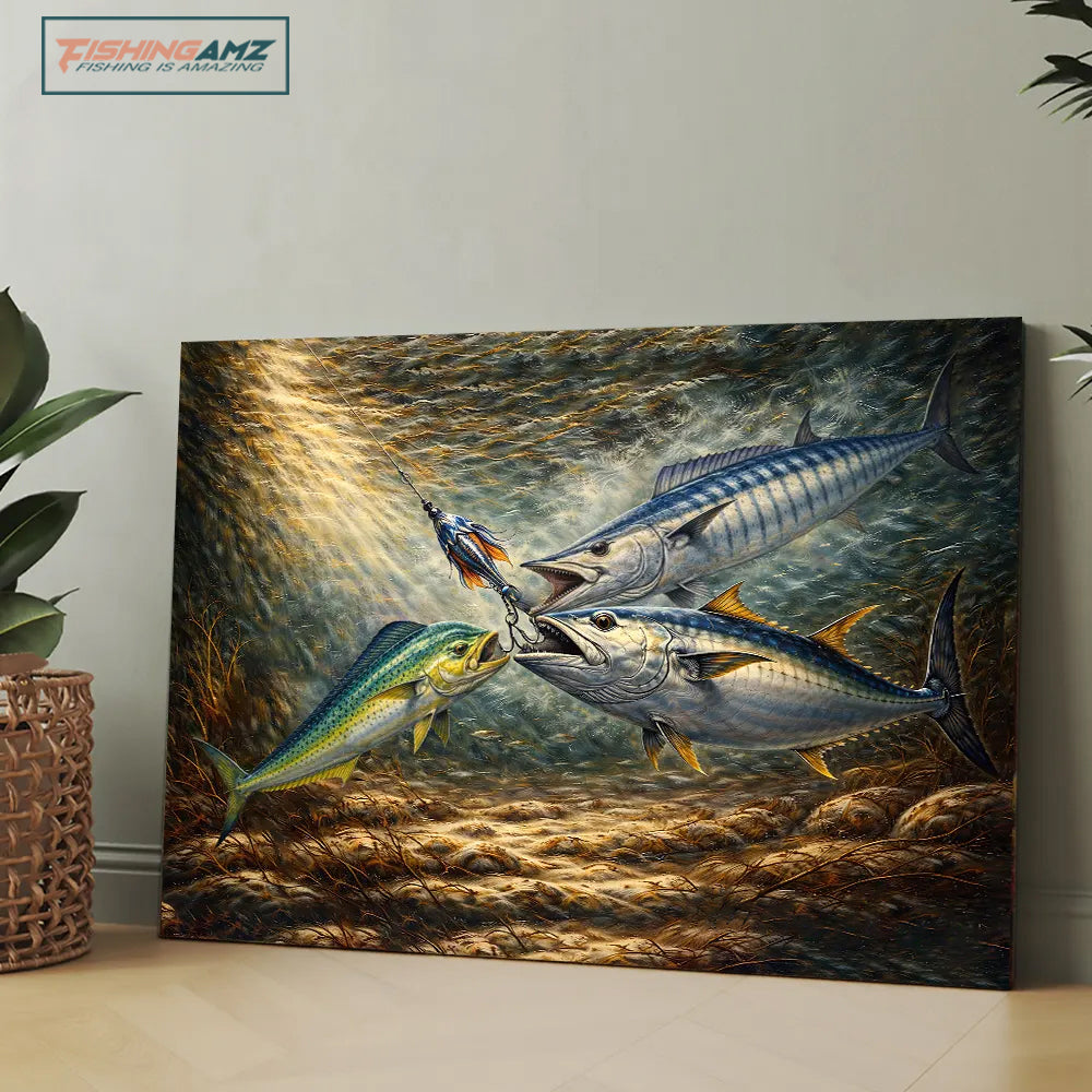 Underwater Battle for the Lure Fish Art – Mahi Mahi, Wahoo & Bluefin Tuna Painting Matte Canvas
