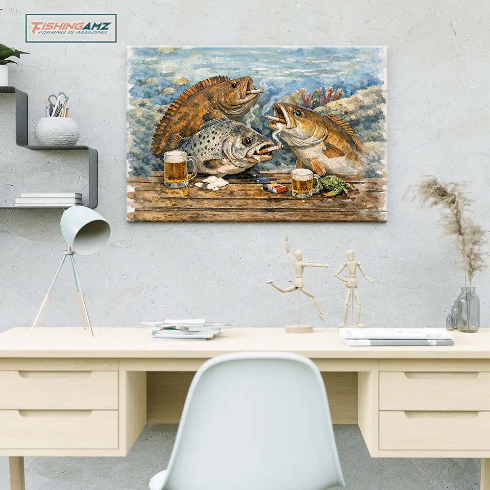 Texas Slam fishing art fish enjoying drinks underwater canvas